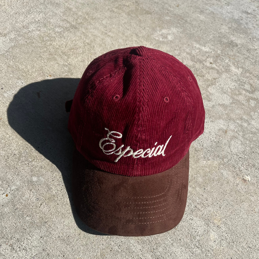 Especial Script Dad Cap- Burgundy Corduroy/ Brown Suede
